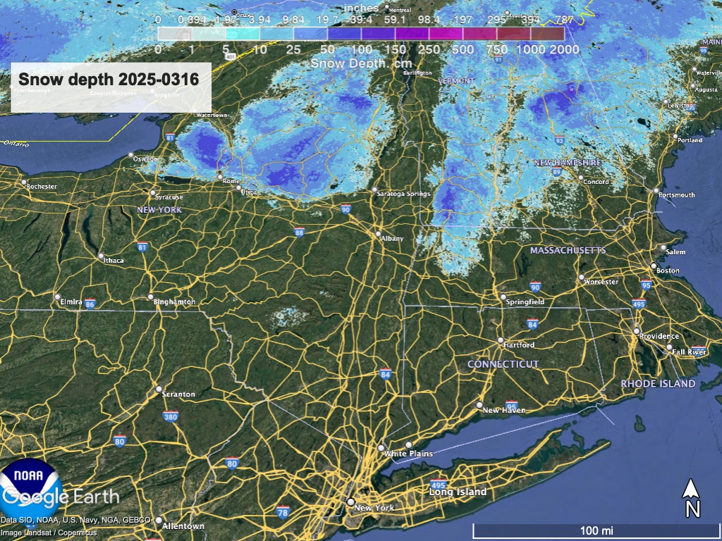 Google Earth view of northeast US with National Weather Service overlay shwoing snow depth as of March 16 2025