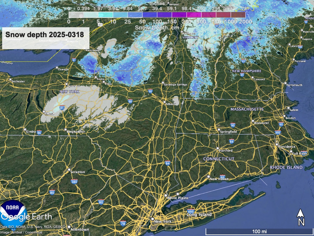 Google Earth view of northeast US, with National Weather Service overlay showing snow depth as of March 18, 2025