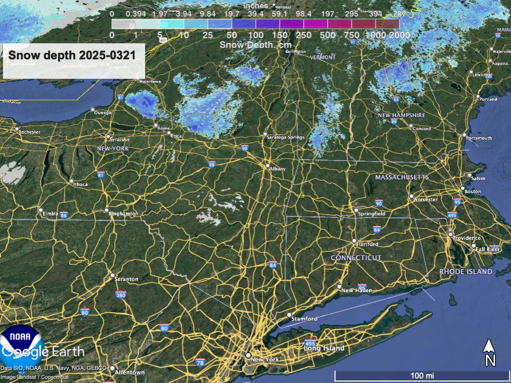 Google Earth view of northeast US, with National Weather Service overlay showing snow depth as of March 21, 2025