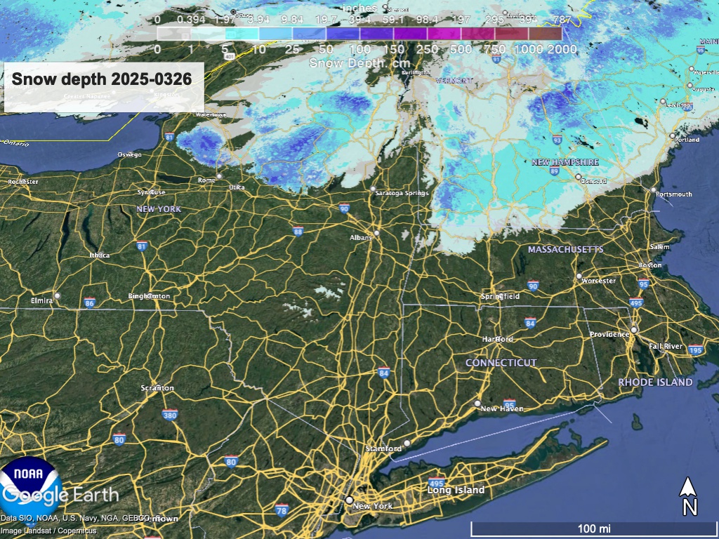 Google Earth view of northeast US, with National Weather Service overlay showing snow depth as of March 26, 2025