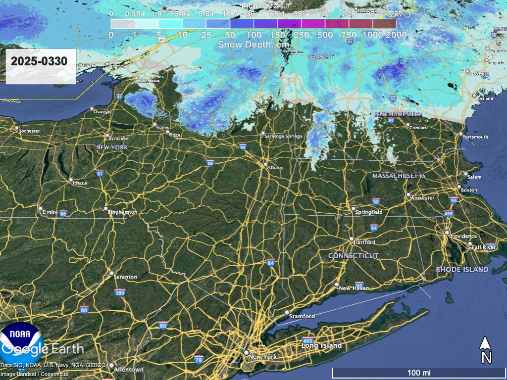 Gopogle Earth view of northeast US, with National Weather Service overlay of snow depth as of March 30, 2025