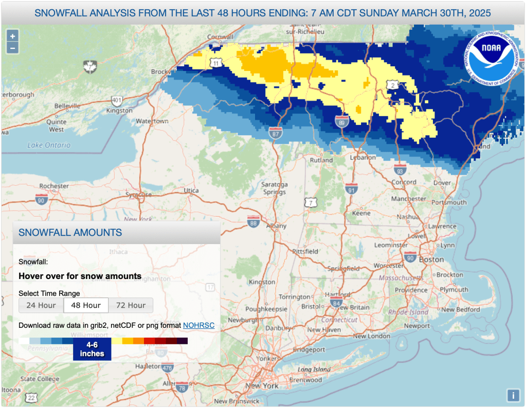 Nastional Weather Serrvice graphic of northeast US showing snowfall accumulation for 48hrs before March 30. 2025 8am EDT.