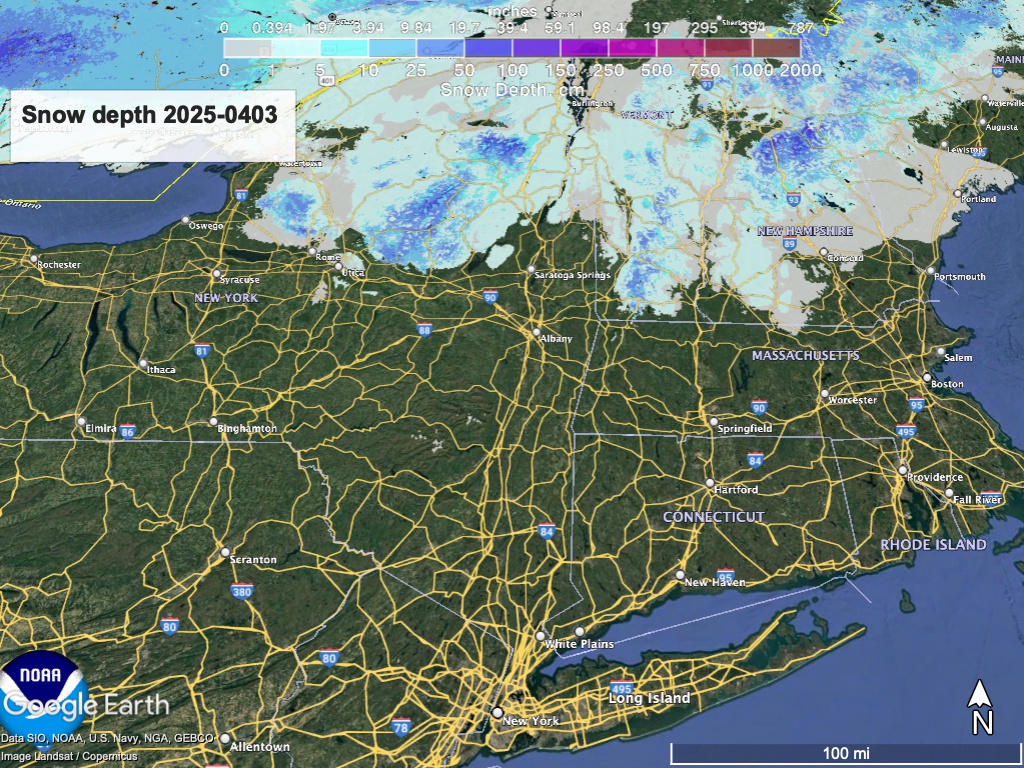 Google Earth view of northeast US with National Weather Service overlay showing snow depth as of April 3, 2025