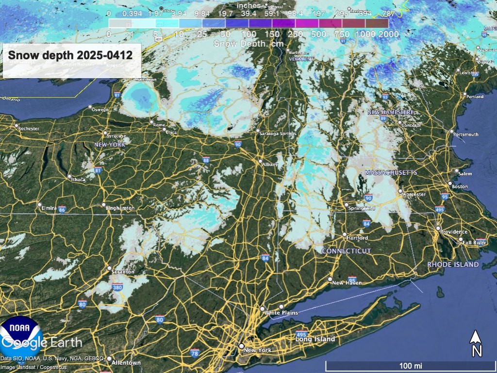 Google Earth view of northeast US with National Weather Service overlay showing snow depth as of April 12, 2025