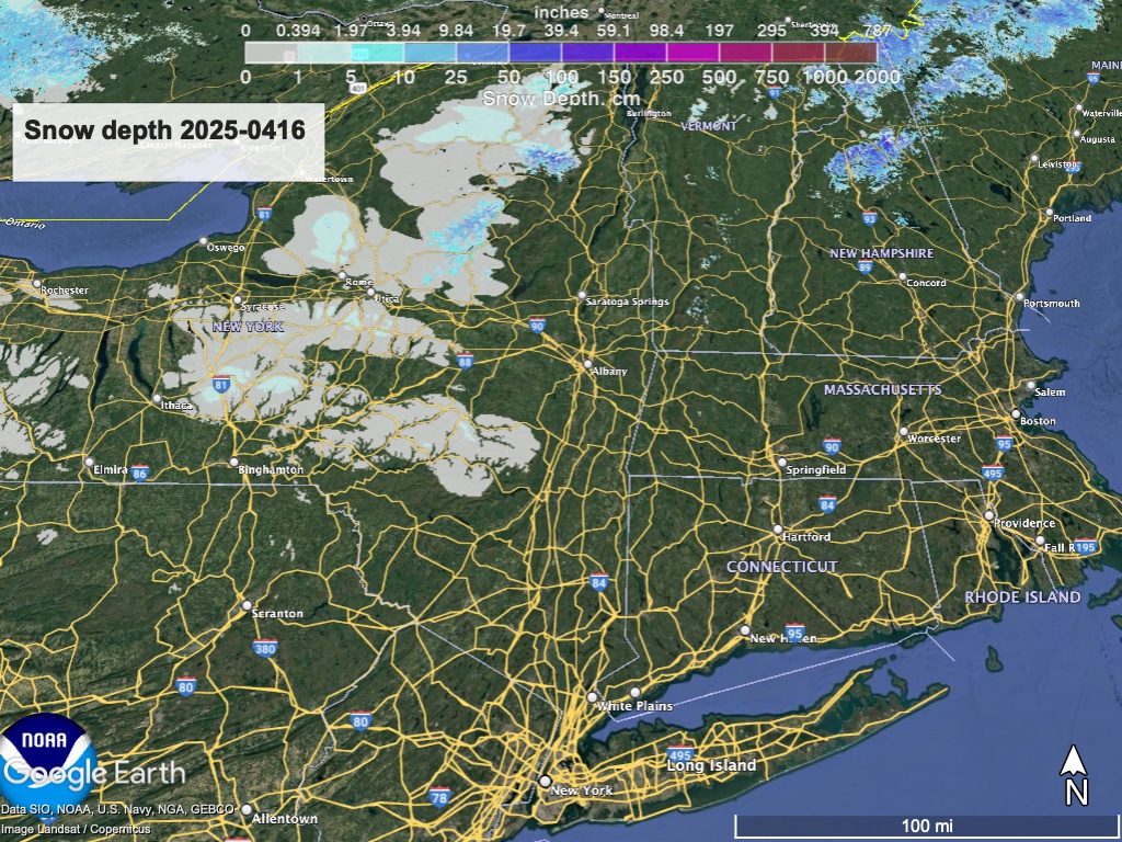 Google Earth view of northeast US, with overlay showing snow depth from National Weather Service as of April 16, 2025