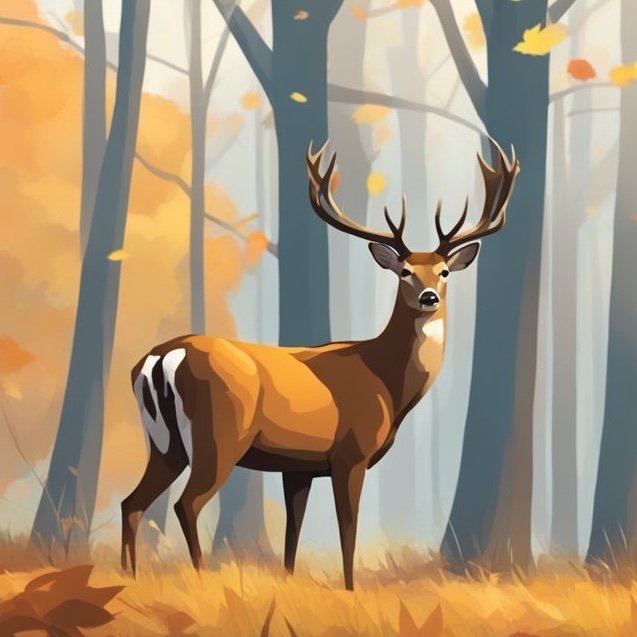 Illustration of a large buck deer in a forest during fall season.