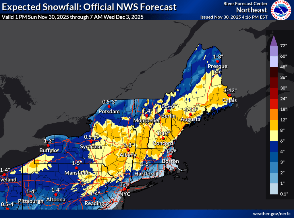 Total snowfall forecast through Dec. 3 2025 (NWS)