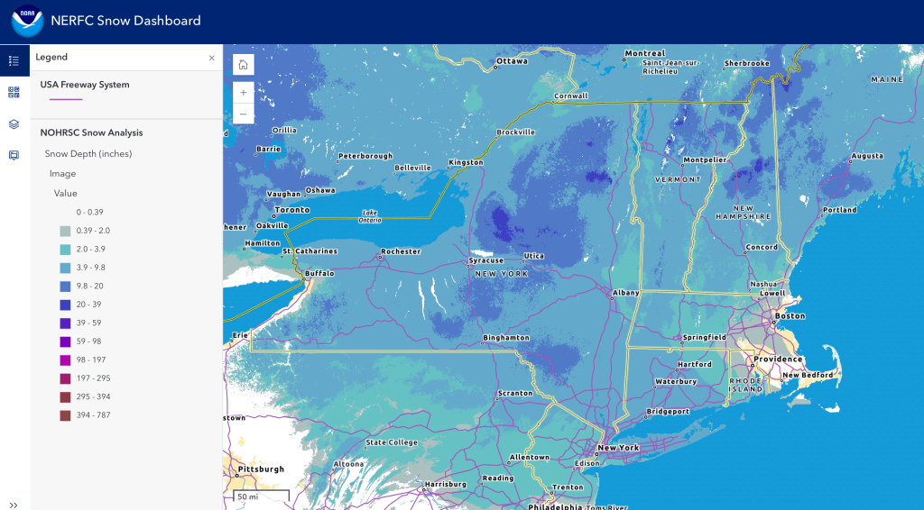Snow depth northeast US, Dec. 27 2025 (NWS)
