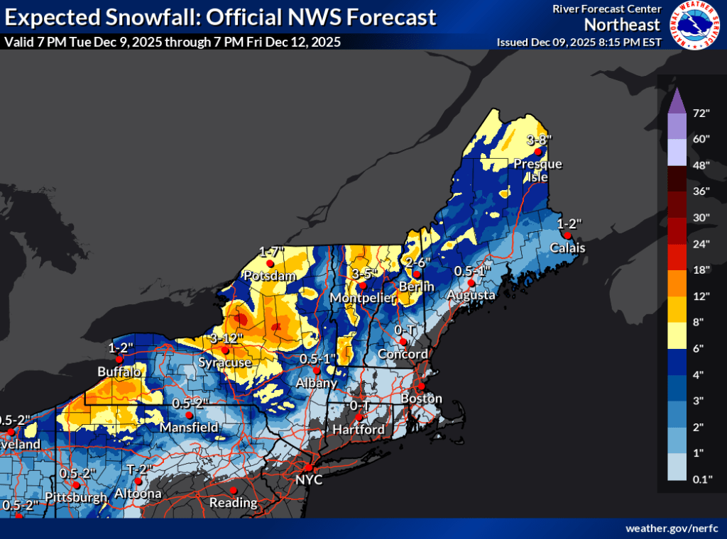 Expected snowfall for northeast US Dec. 9-12 2025 (National Weather Service)