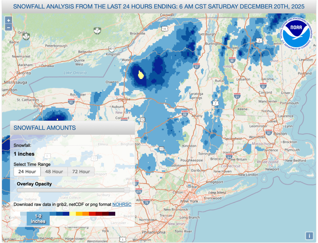 Total snowfall for 24hrs preceding Dec. 20 2025 7am (NWS)