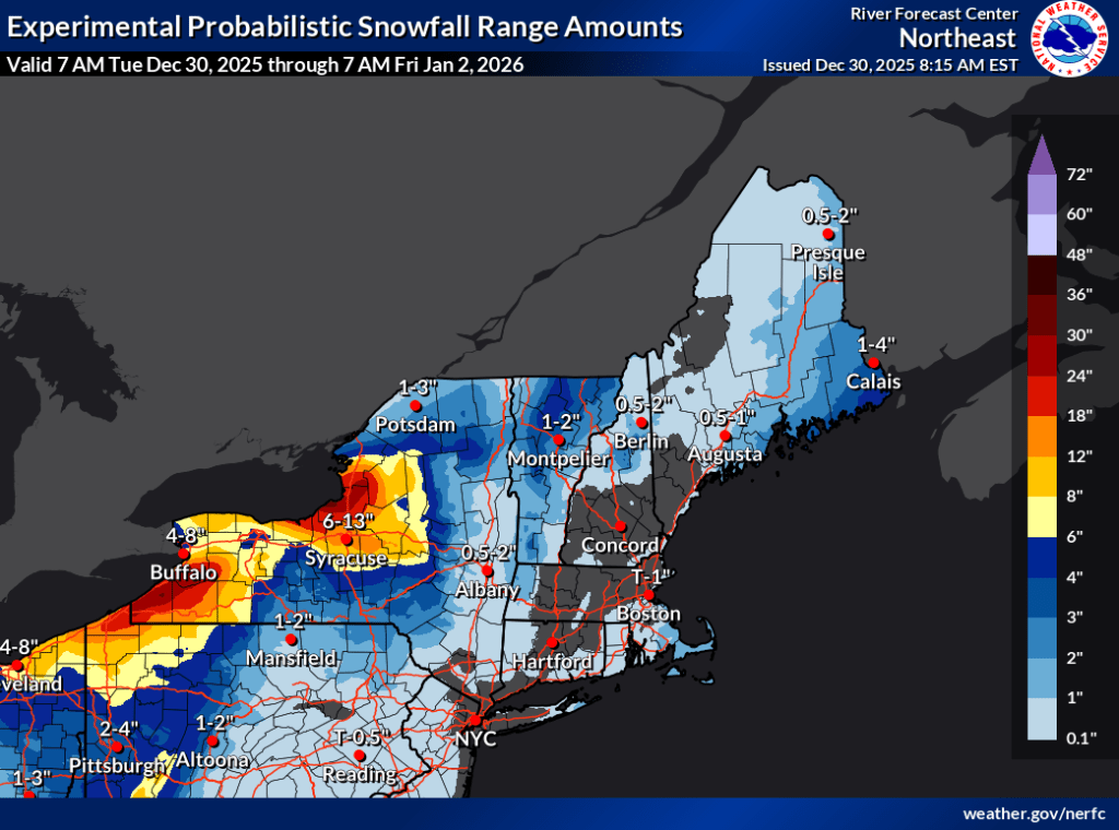 Total snowfall forecast through Jan. 2 2026 (NWS)
