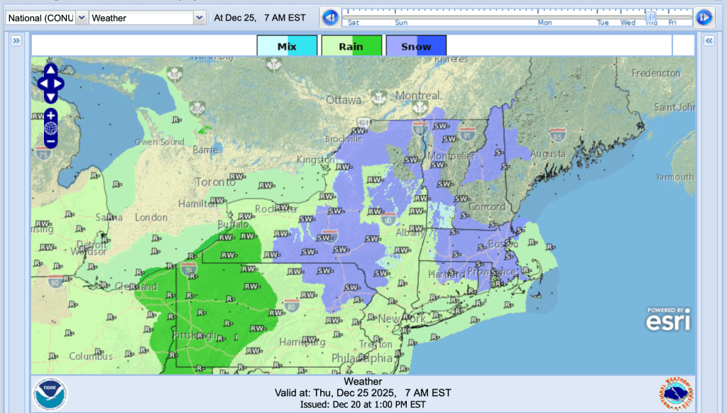 Weather forecast for northeast US, Dec. 25 2025, 7am (NWS)