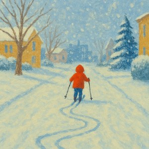 Child in red hoodie on cross-country skis makes their way down a snow covered street in a suburban neighborhood.