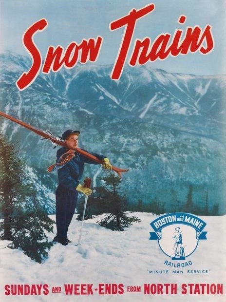 Skier with skis on shoulder in front of a mountain vista, from Boston & Maine Snow Train poster of 1940s