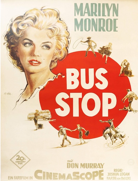 Illustrated poser from movie 'Bus Stop', with face portrait of Marilyn Monroe superimposed on red circle with movie title within.