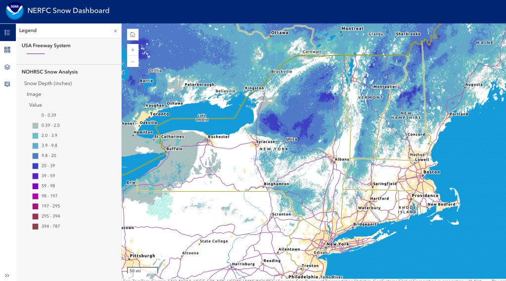 Snow depth northeast US, Jan 15 2026 (NWS) - That base isn't looking so good!