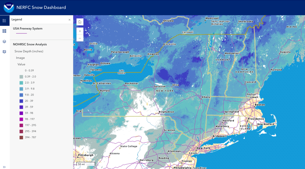Snow depth northeast US, Jan. 18 2026 (NWS)