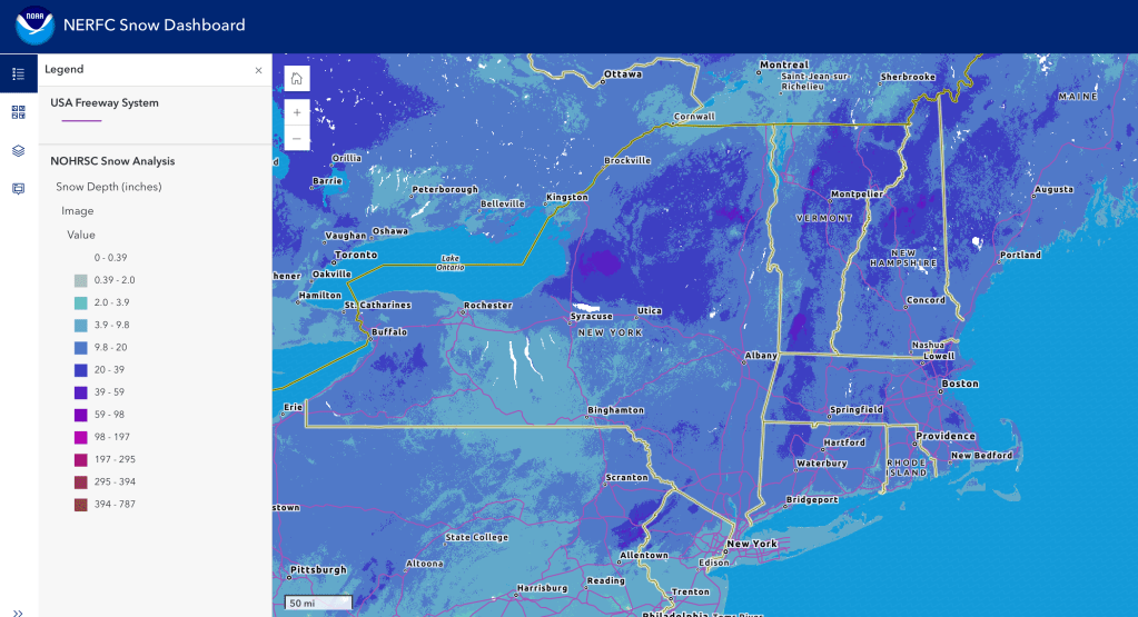 Snow depth northeast US, Jan. 29 2026 (NWS)