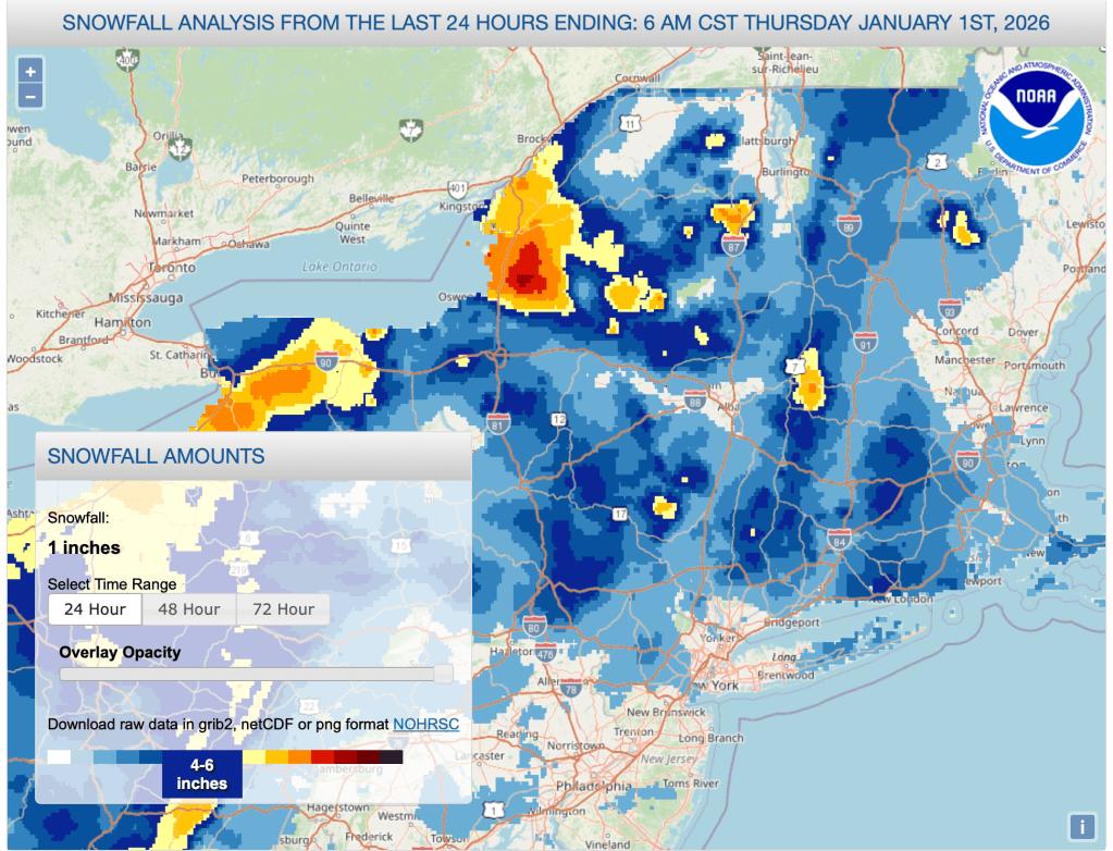 24hr snowfall as of Jan. 1 2026, 7am (NWS)