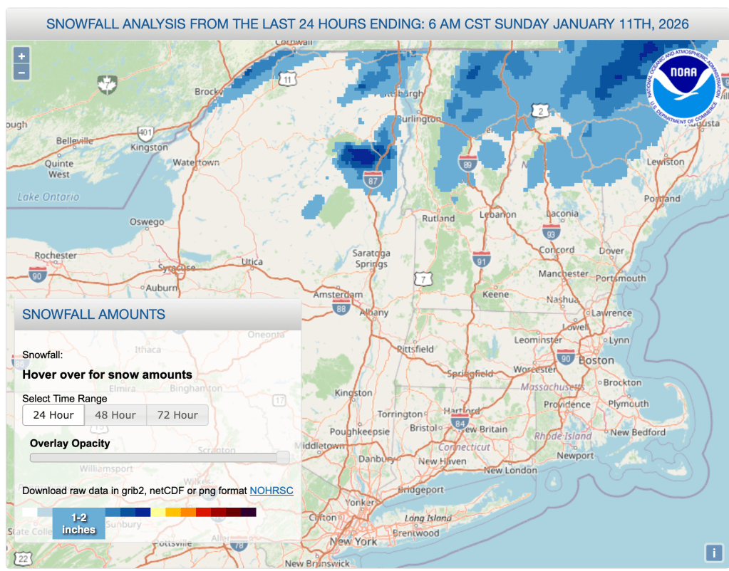 Snofall for 24hrs pror to 7am Jan. 11 2026 (NWS)