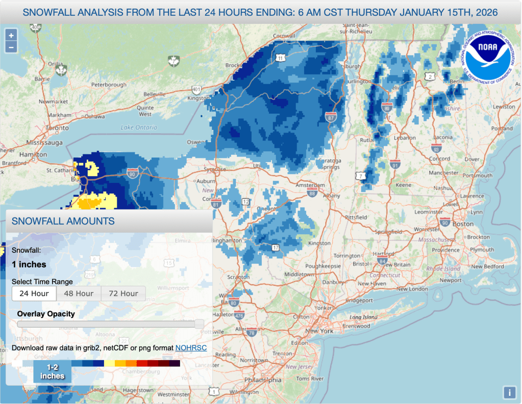 24hr snowfall before 7am Jan. 15 2026 (NWS)