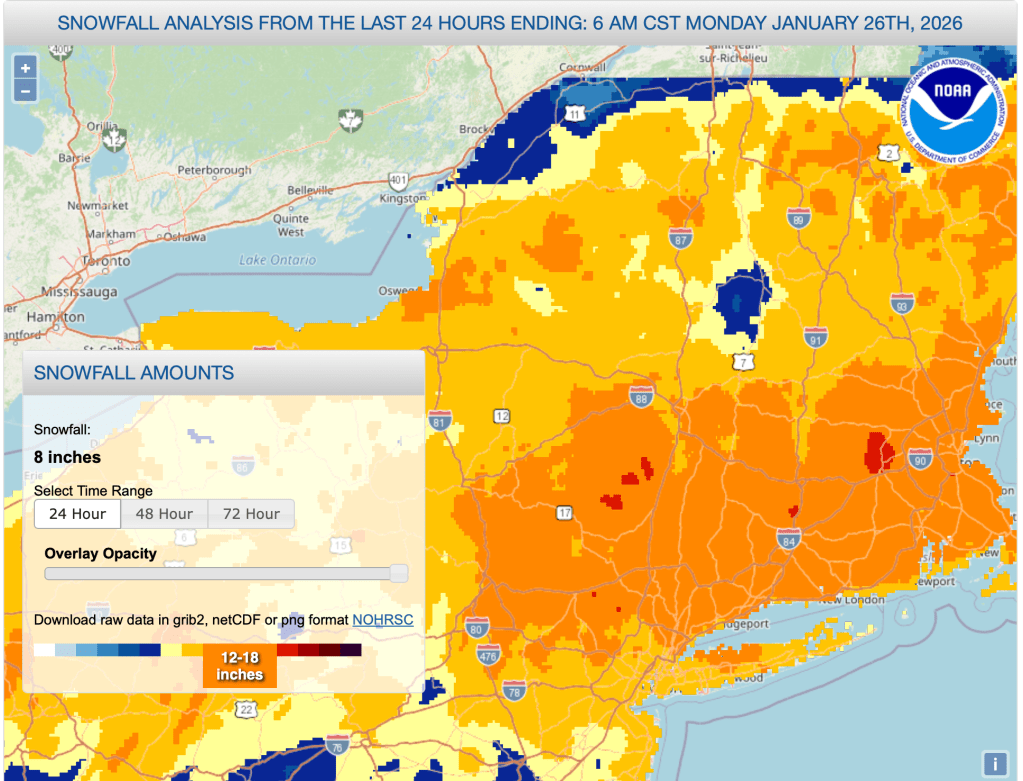 24 hour snowfall for northeast US as of 7am Jan. 26, 2026