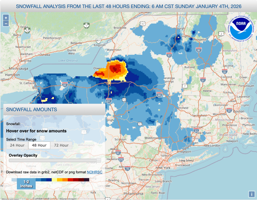 Snowfall in 24hrs before 7am Jan. 4 2026 (NWS)