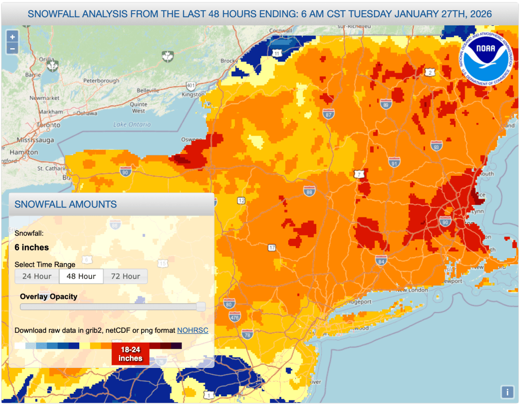 48 hour snowfall for northeast US as of 7am Jan. 27, 2026