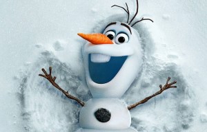 Olaf the snowman from 'Frozen', looking happy and making a snow angel.