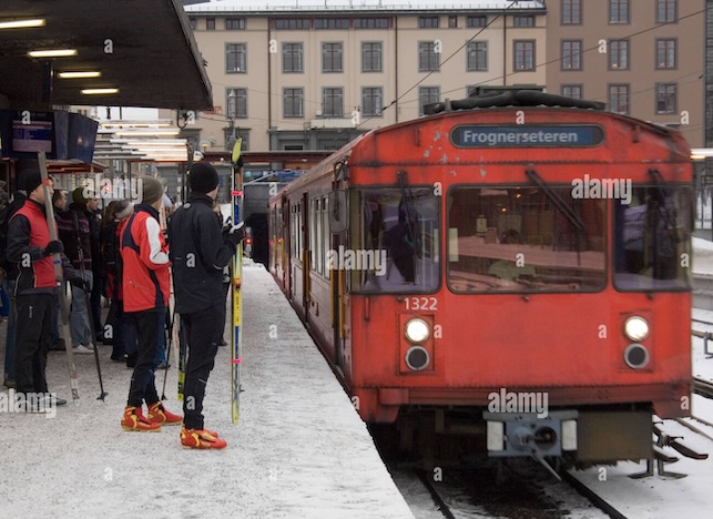 XC skiers boarding tram to Holmenkollen (Alamy photo)