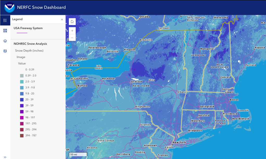 Snow depth northeast US, Feb. 9 2026 (NWS)