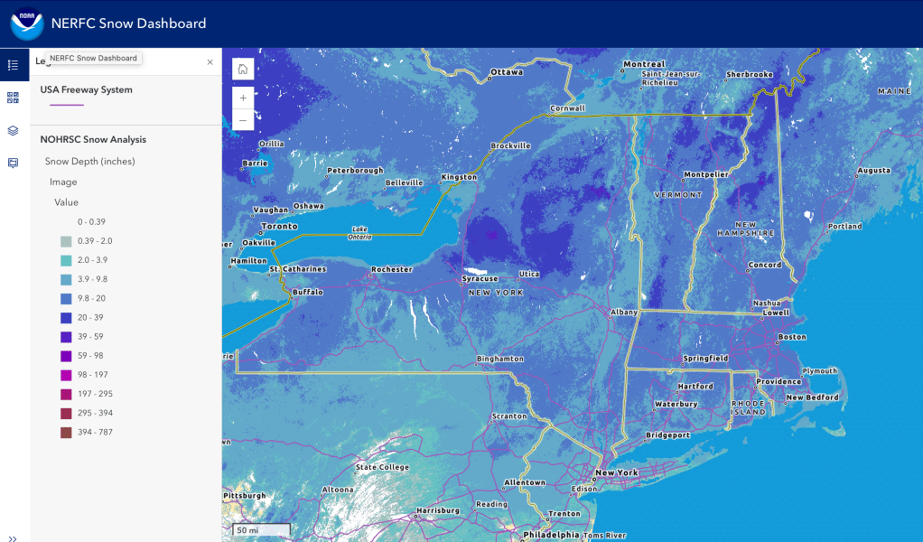 Snow depth northeast US, Feb. 16, 2026 (NWS)