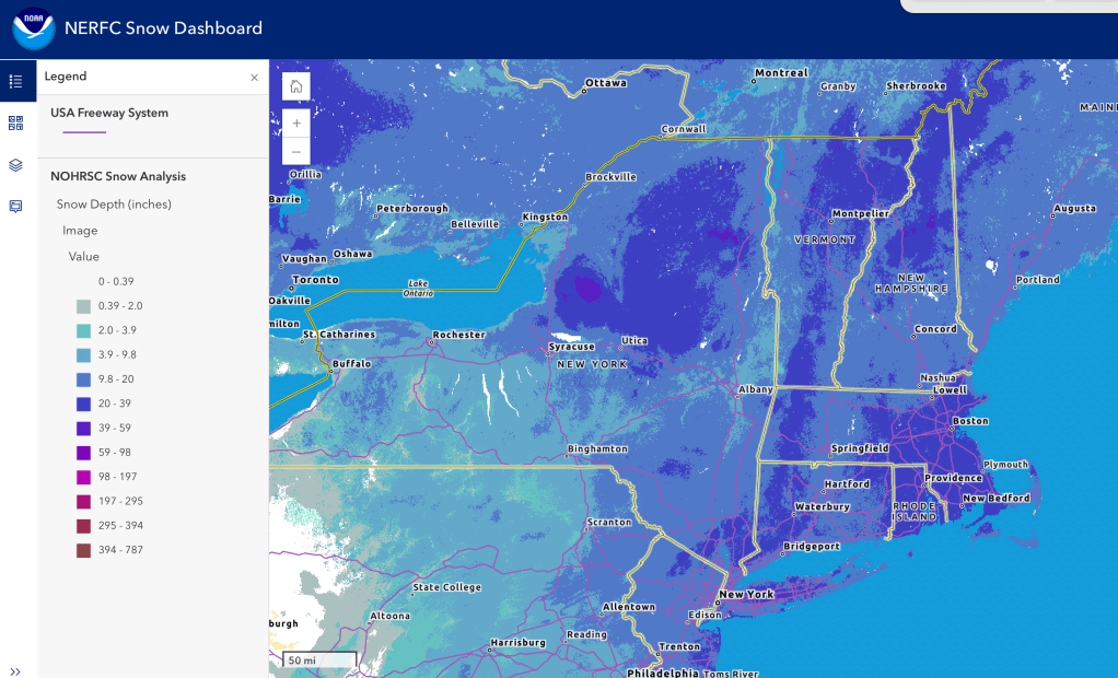 Snow depth northeast US, Feb. 24, 2026 (NWS)