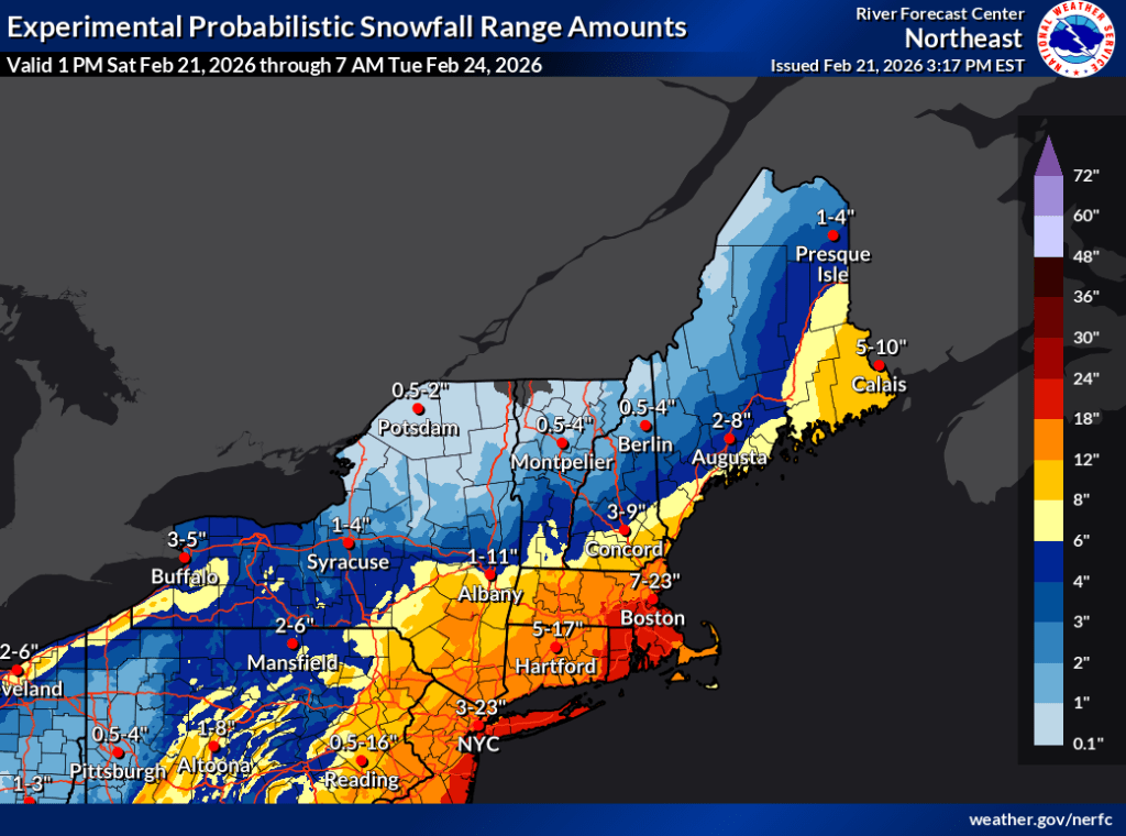 Forecast snowfall for northeast US, Feb. 21 thru 24 2026 (NERFC)