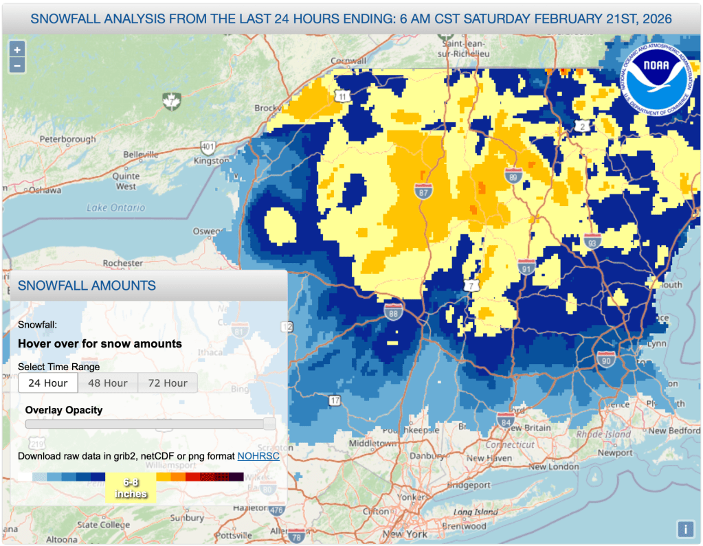 Snowfall for 24hrs up to 7am Feb. 21 2026 (NWS)