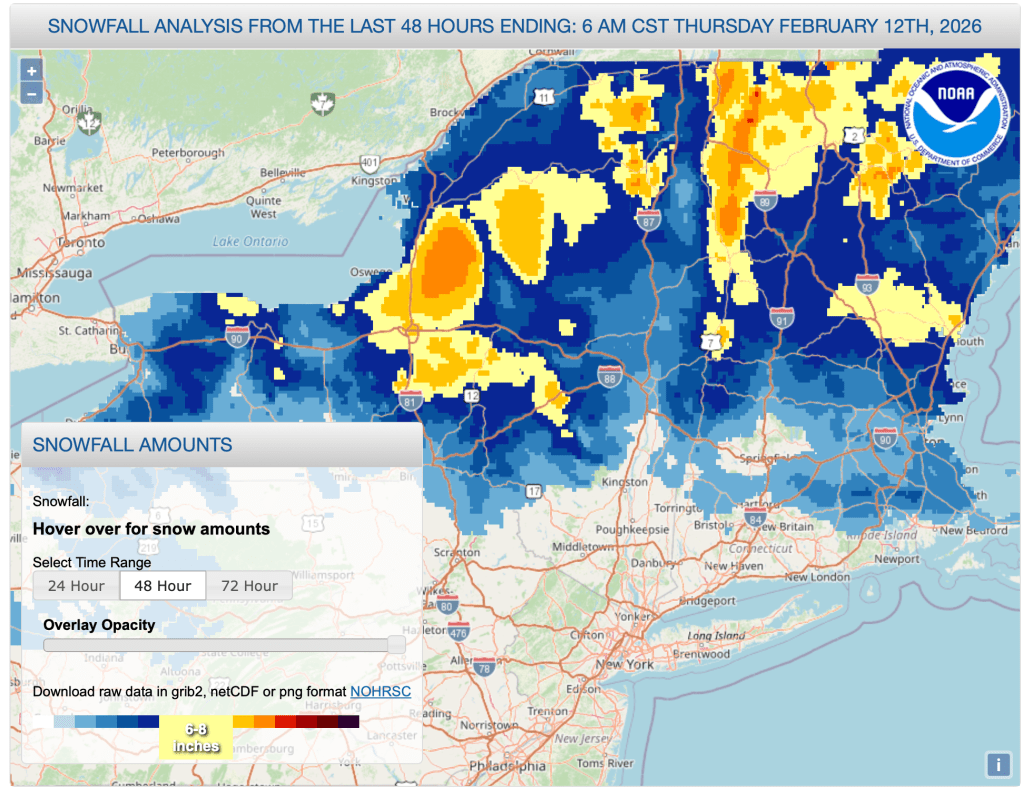 Snowfall for 48hrs to 7am Feb. 12 2026 (NWS)