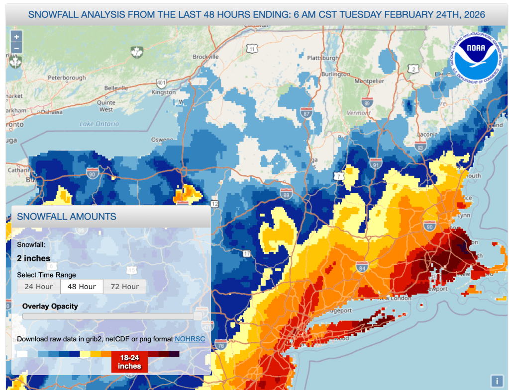 Total snowfall for 48 hrs up to 7am Feb. 24, 2026 (NWS)