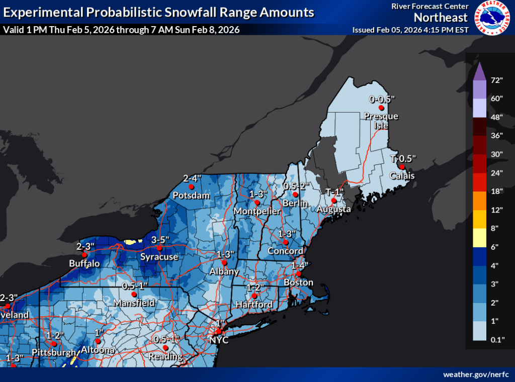 Total snowfall forecast for northeat US Feb. 5 to 8, 2026 (NWS)