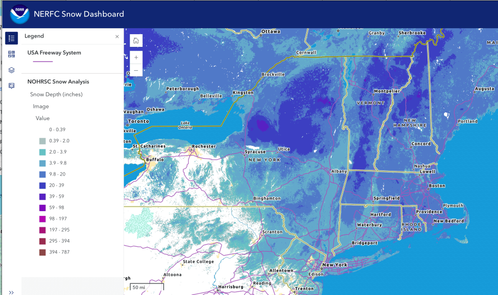 Snow depth northeast US, Mar. 2 2026 (NWS)