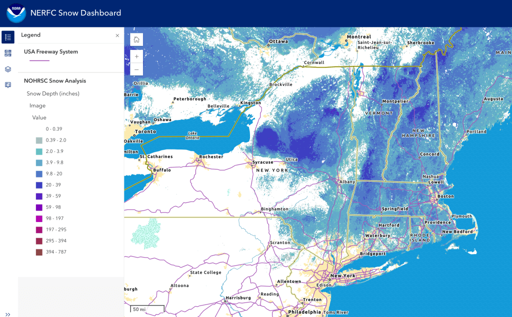 Snow depth northeast US, Mar 9 2026 (NWS)
