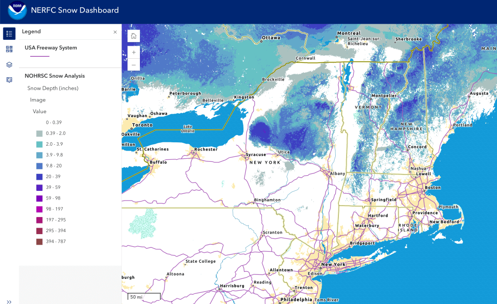 Snow depth northeast US, Mar. 16, 2026 (NWS)
