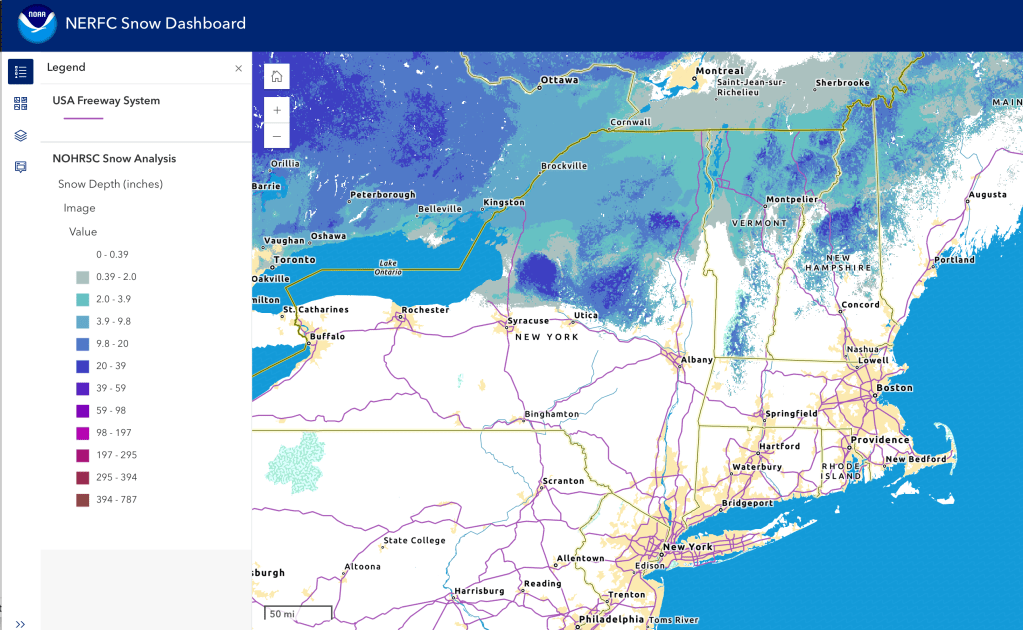 Snow depth northeast US, Mar. 22 2026 (NWS)