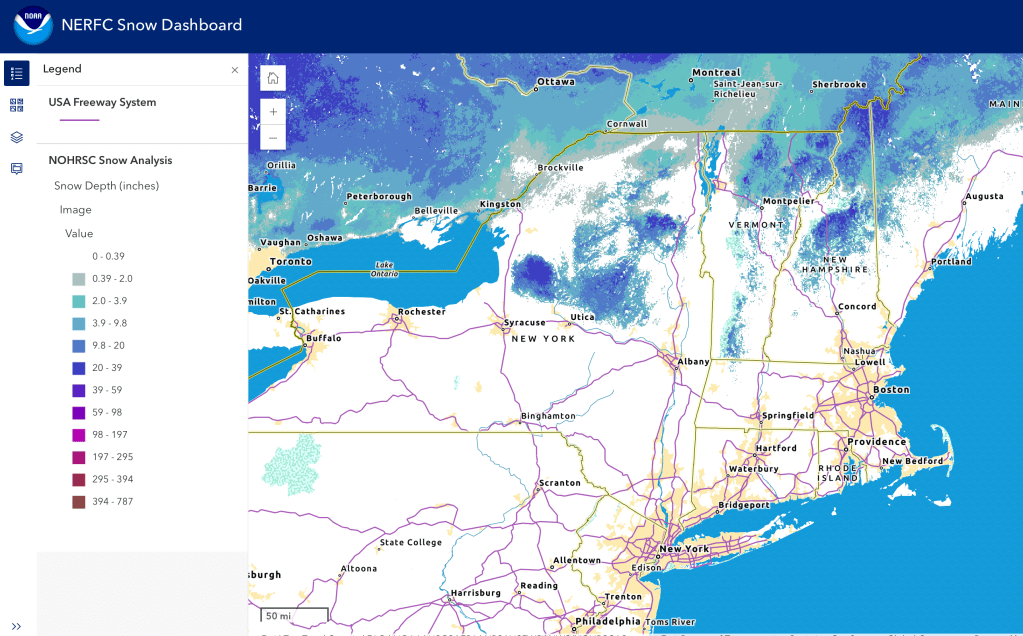 Snow depth northeast US, Mar. 28 2026 (NWS)