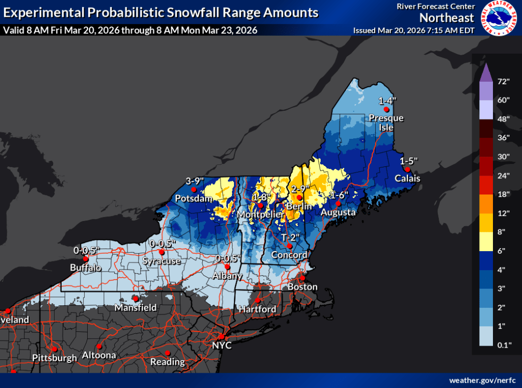Total snowfall forecast Mar. 20-23, 2026 (NERFC)