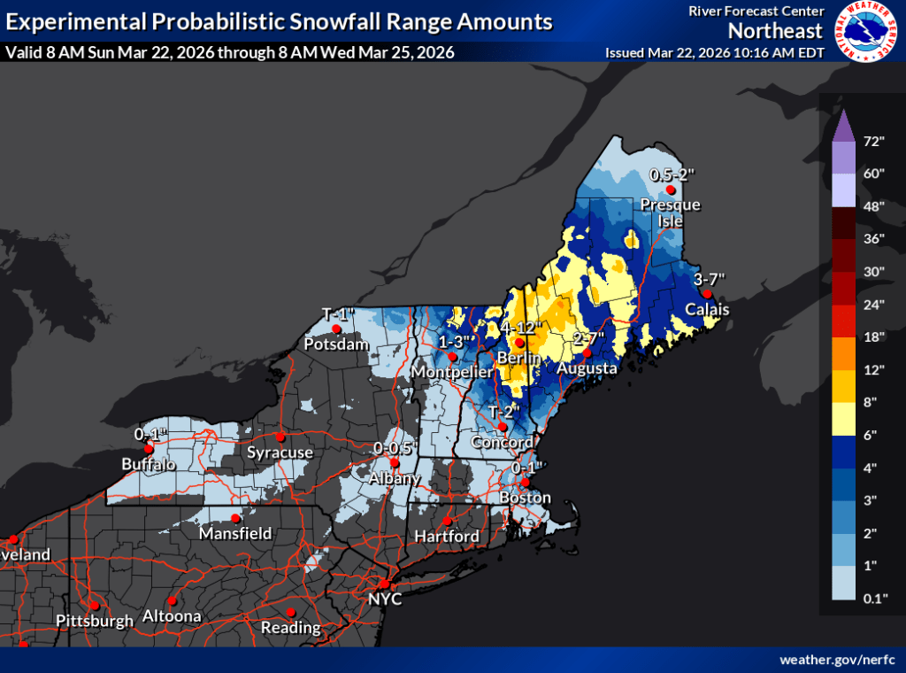 Total snowfall forecast through Mar, 25 2026 (NWS)