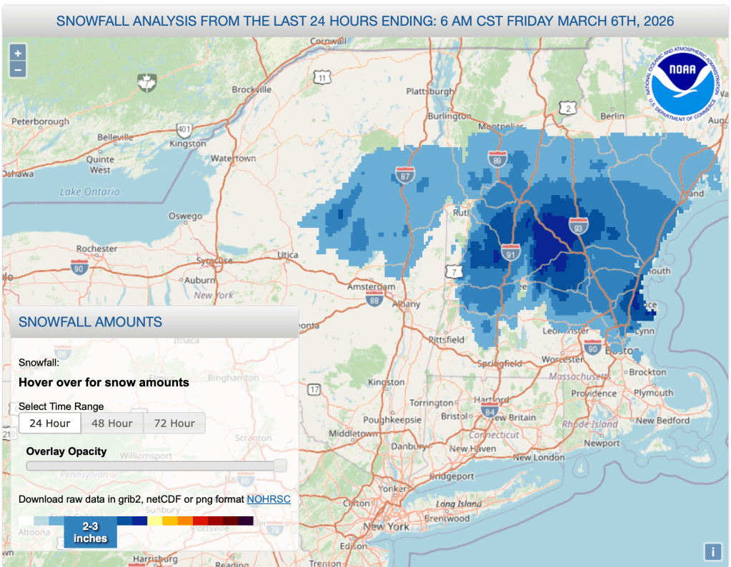 Snowfall for 24hrs up to 7am Mar. 6 2026 (NWS)