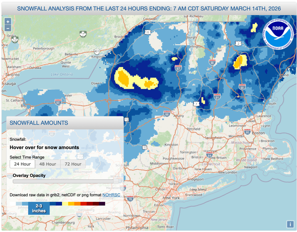 Snowfall for 24hrs up to 7am Mar. 14 2026 (NWS)