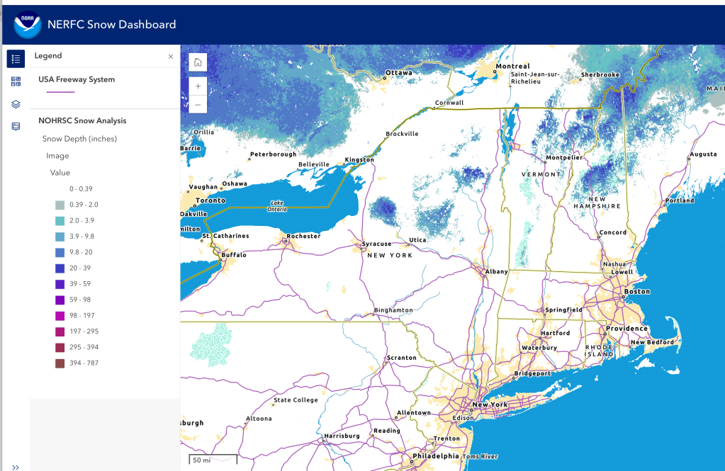 Snow depth northeast US, Apr 1, 2026 (NWS)